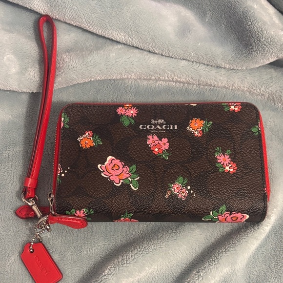 Coach Handbags - Coach Brown Wristlet Wallet with Red Interior, Accents and Floral Design